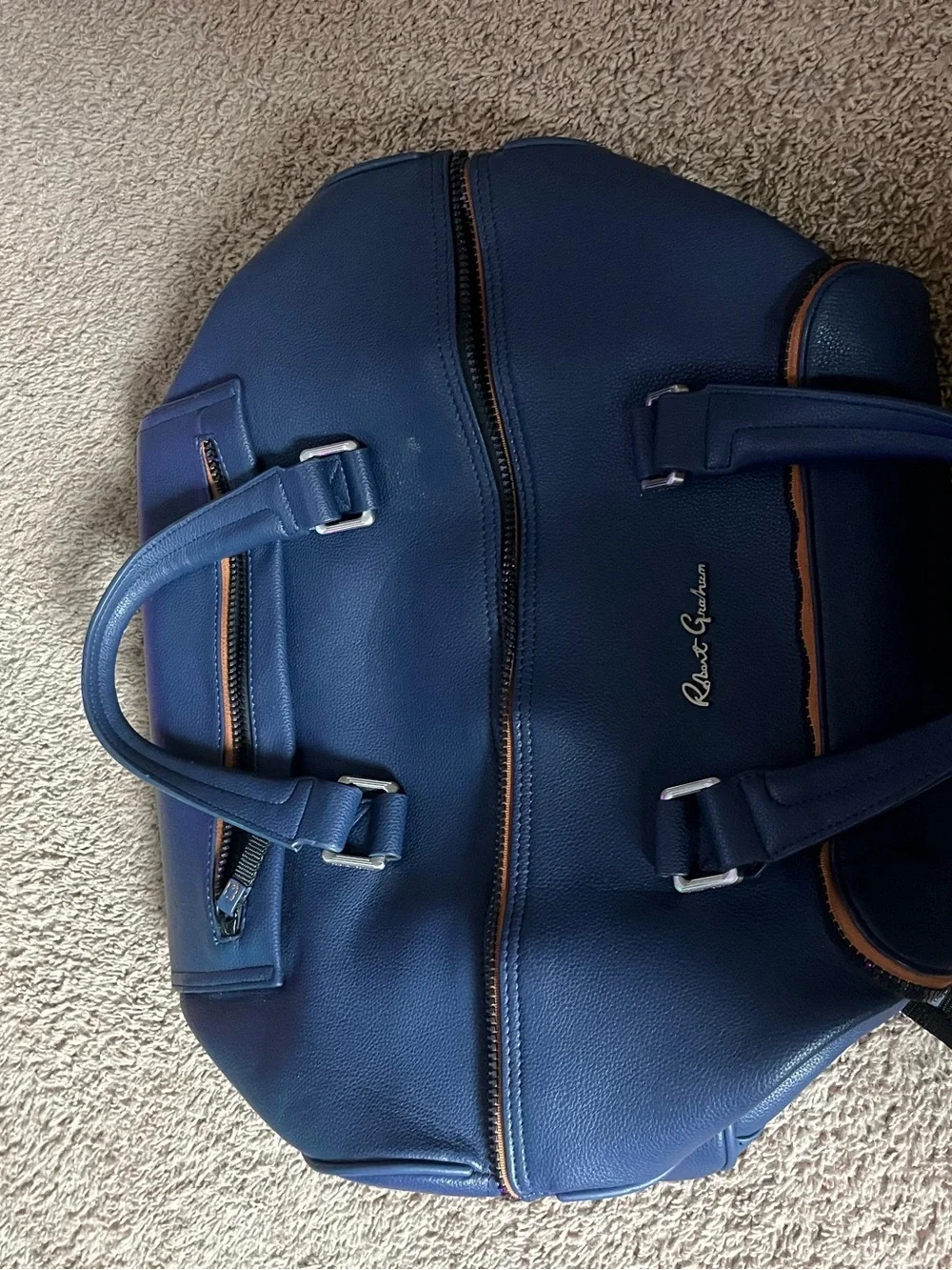 Robert Graham Blue Leather Duffel with Contrast Trim